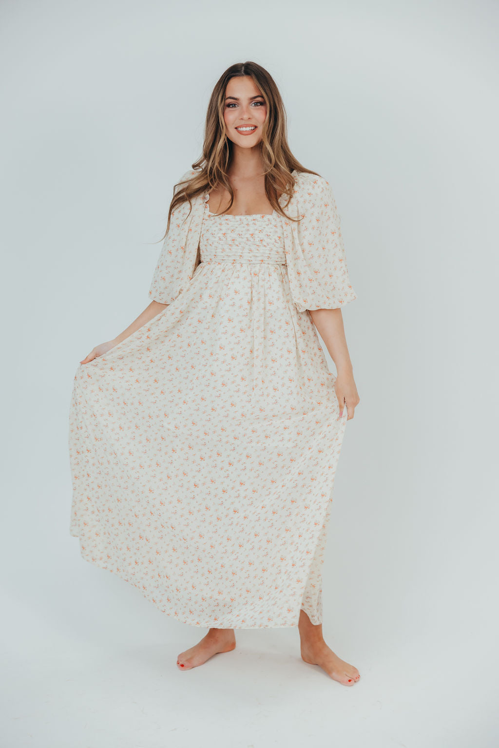 Melody Maxi Dress with Pleats and Bow Detail in Ivory Floral- Bump Friendly & Inclusive Sizing (S-3XL)