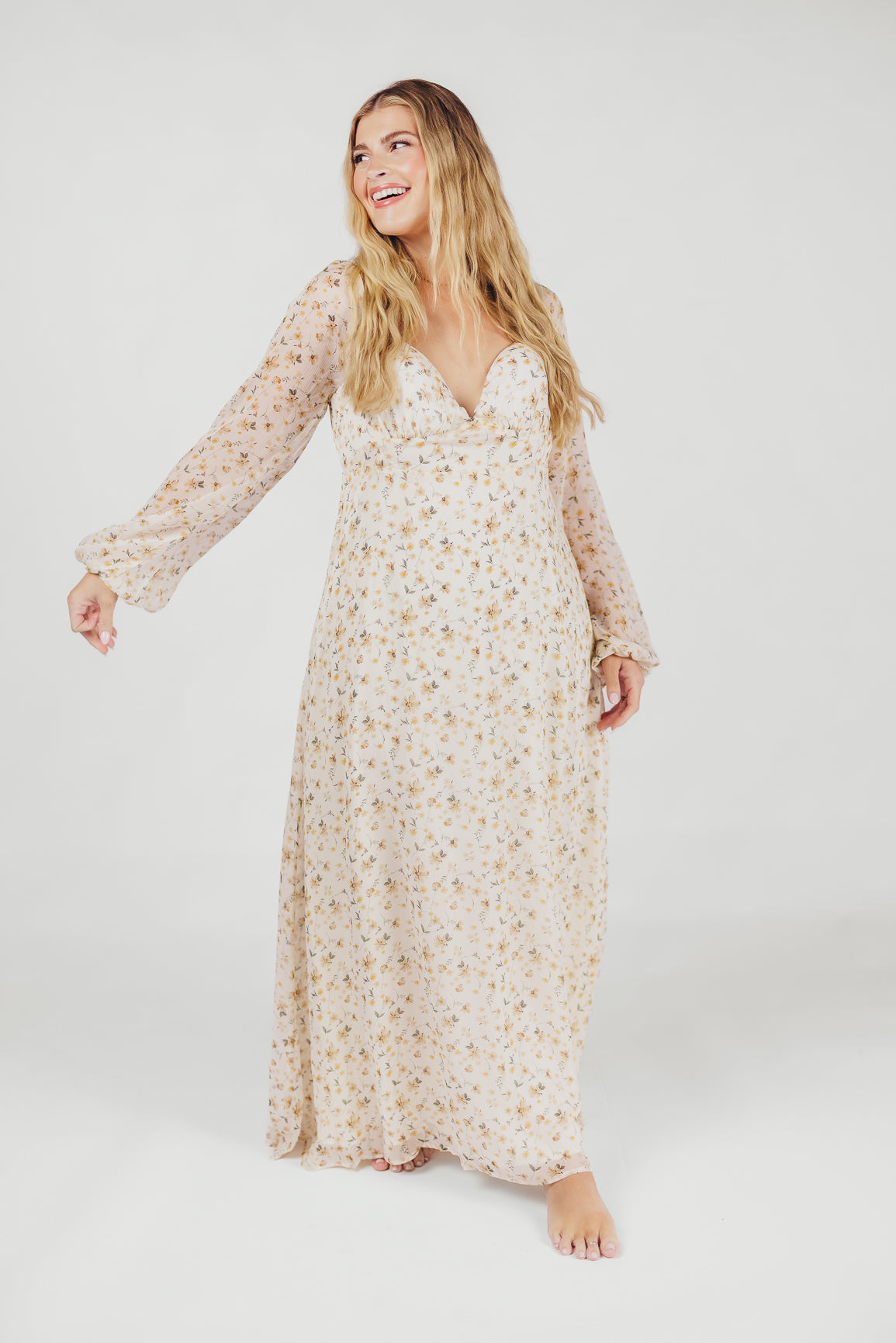 Parker Smocked Maxi Dress with Puffed Sleeves in Ivory/Yellow - Bump Friendly & Inclusive Sizing (S-3XL)