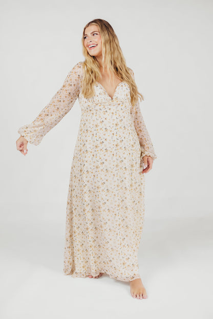 Parker Smocked Maxi Dress with Puffed Sleeves in Ivory/Yellow - Bump Friendly & Inclusive Sizing (S-3XL)