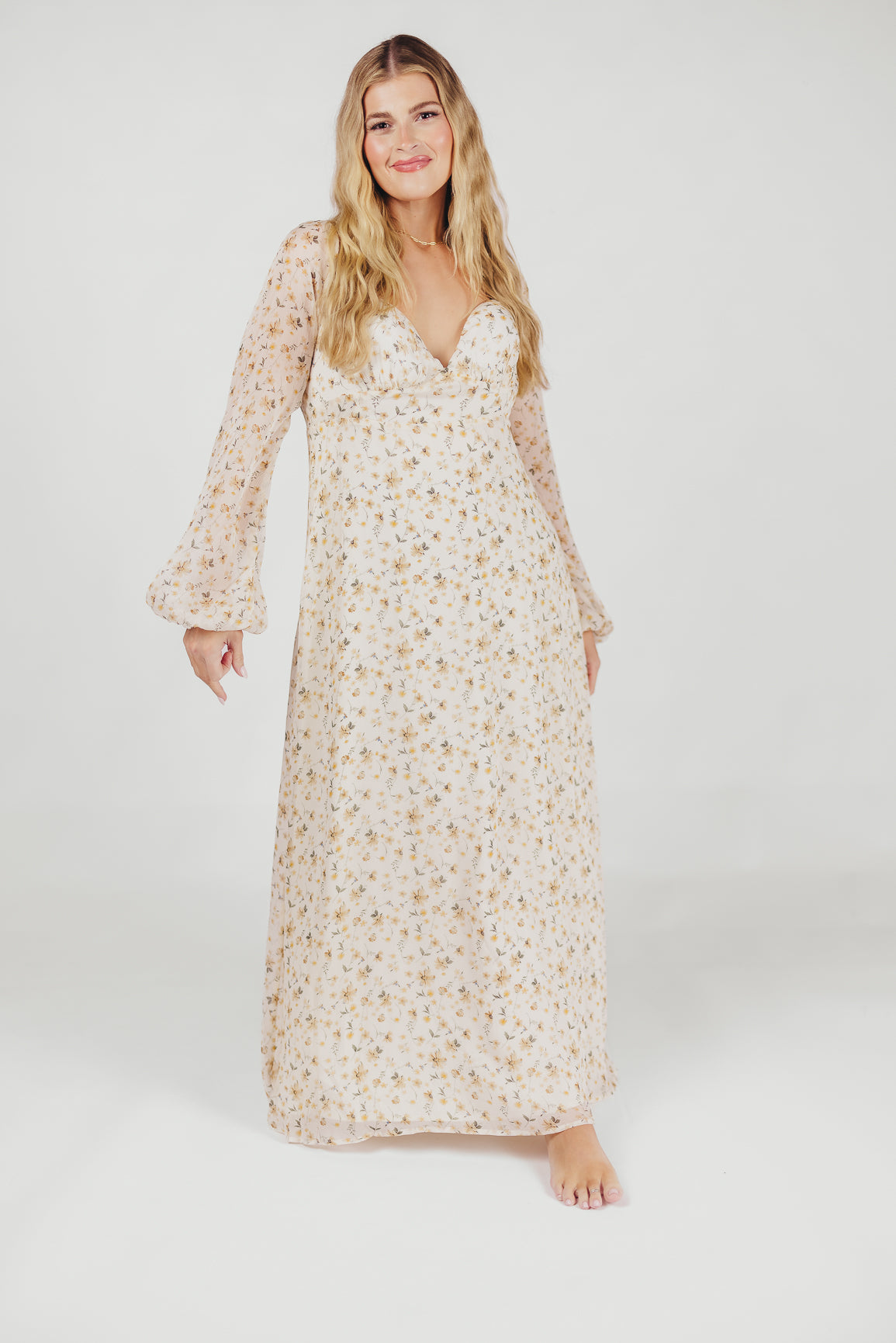 Parker Smocked Maxi Dress with Puffed Sleeves in Ivory/Yellow - Bump Friendly & Inclusive Sizing (S-3XL)