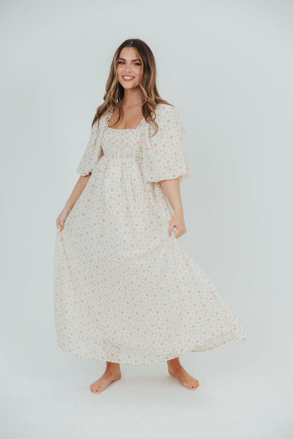 Melody Maxi Dress with Pleats and Bow Detail in Ivory Floral- Bump Friendly & Inclusive Sizing (S-3XL)