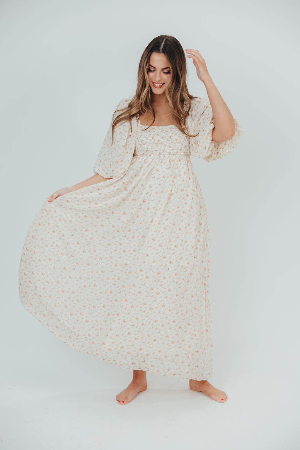 Melody Maxi Dress with Pleats and Bow Detail in Ivory Floral- Bump Friendly & Inclusive Sizing (S-3XL)