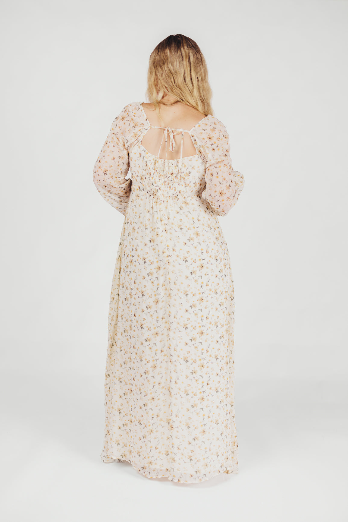 Parker Smocked Maxi Dress with Puffed Sleeves in Ivory/Yellow - Bump Friendly & Inclusive Sizing (S-3XL)