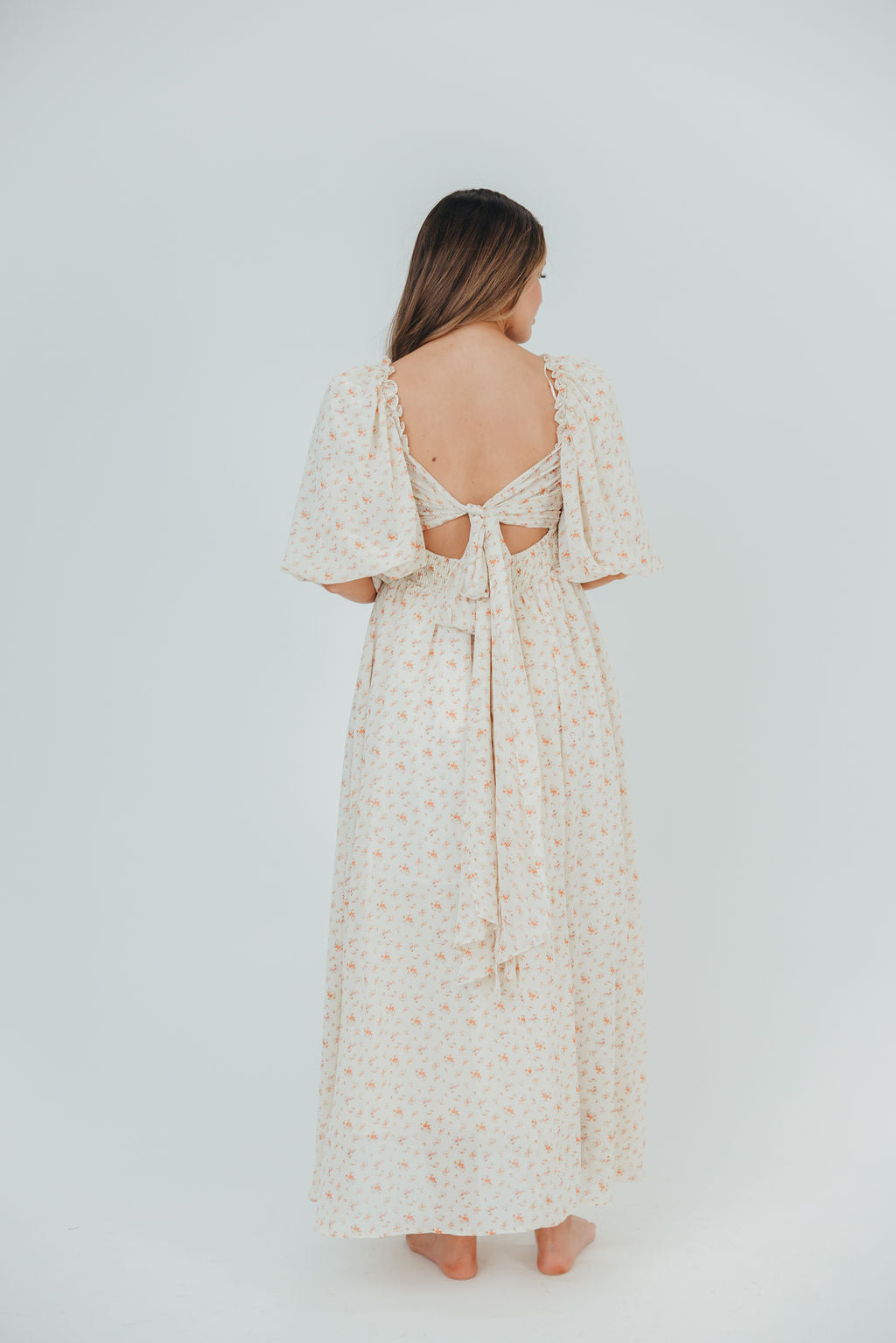 Melody Maxi Dress with Pleats and Bow Detail in Ivory Floral- Bump Friendly & Inclusive Sizing (S-3XL)