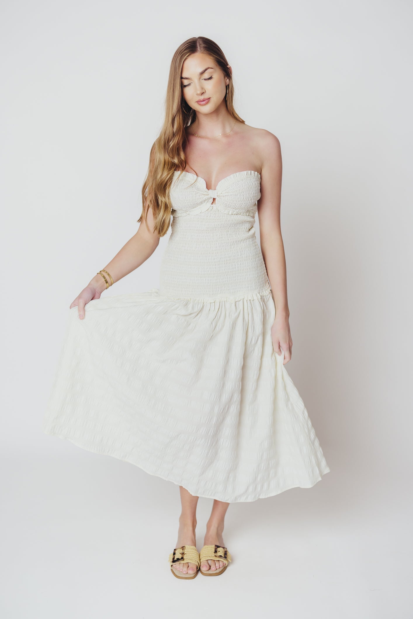 Whitley Strapless Sweetheart Midi Dress in Ivory