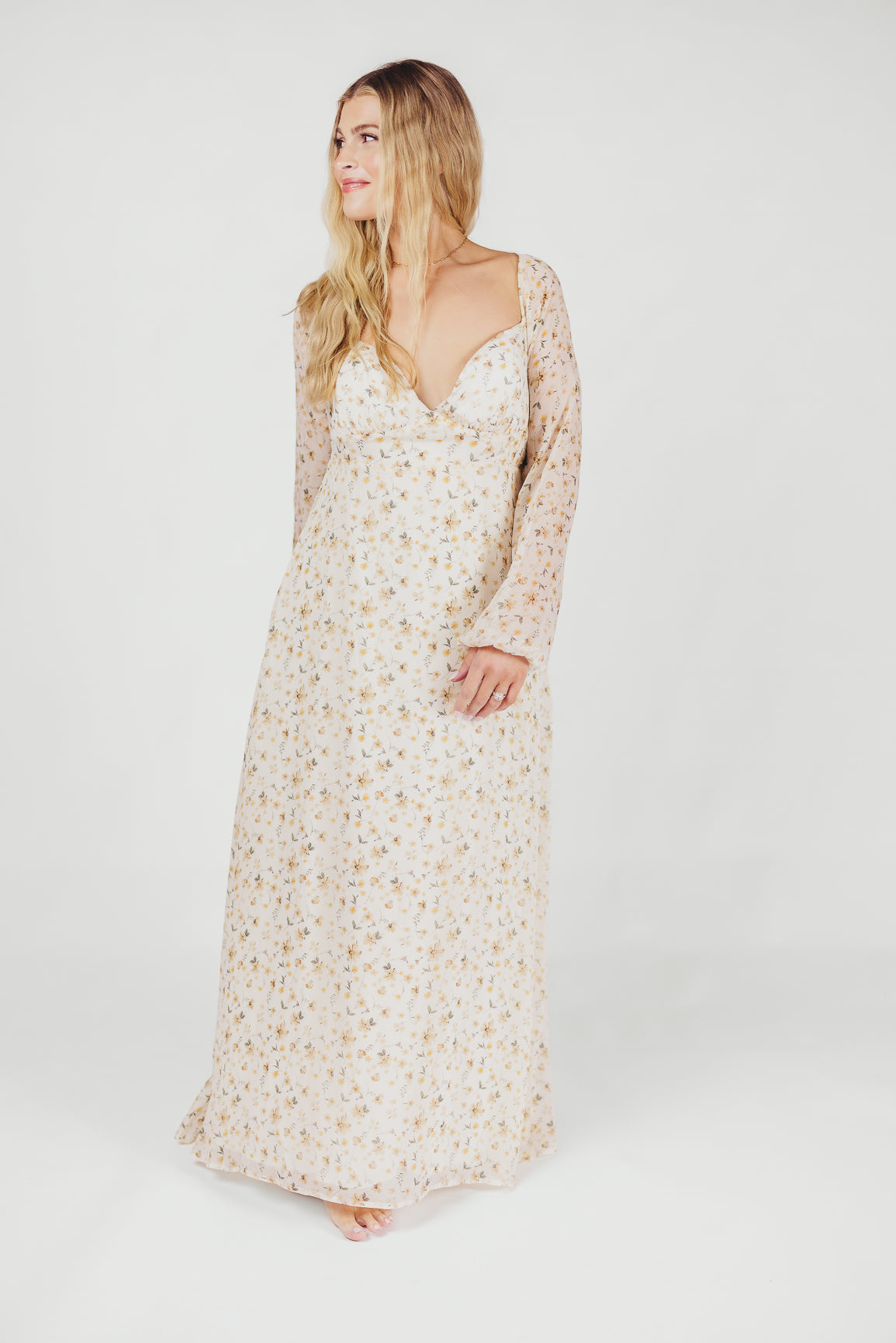 Parker Smocked Maxi Dress with Puffed Sleeves in Ivory/Yellow - Bump Friendly & Inclusive Sizing (S-3XL)