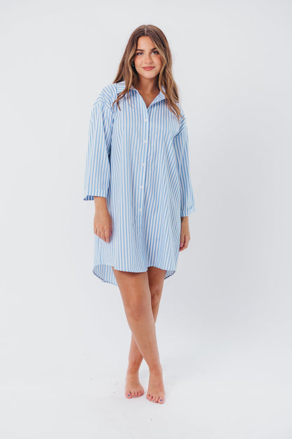 Bellamie Oversized Button-Up Shirt Dress in Sky Blue Stripe - Nursing Friendly