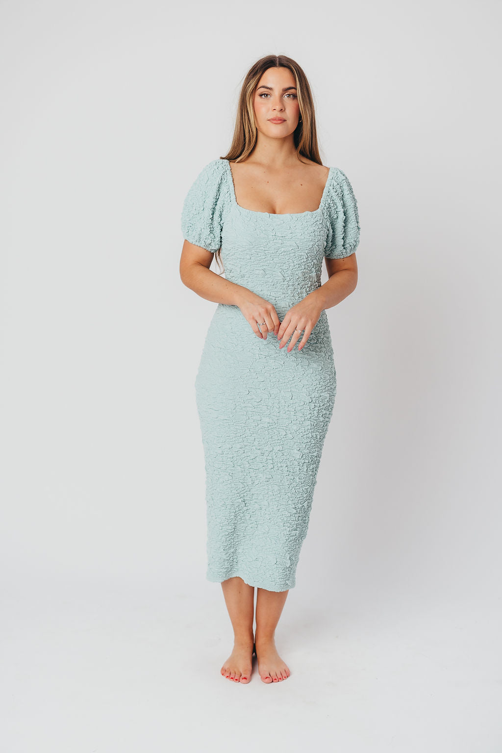 Blakeley Textured Midi Dress in Seafoam - Bump Friendly & Inclusive Sizing (S-1XL)