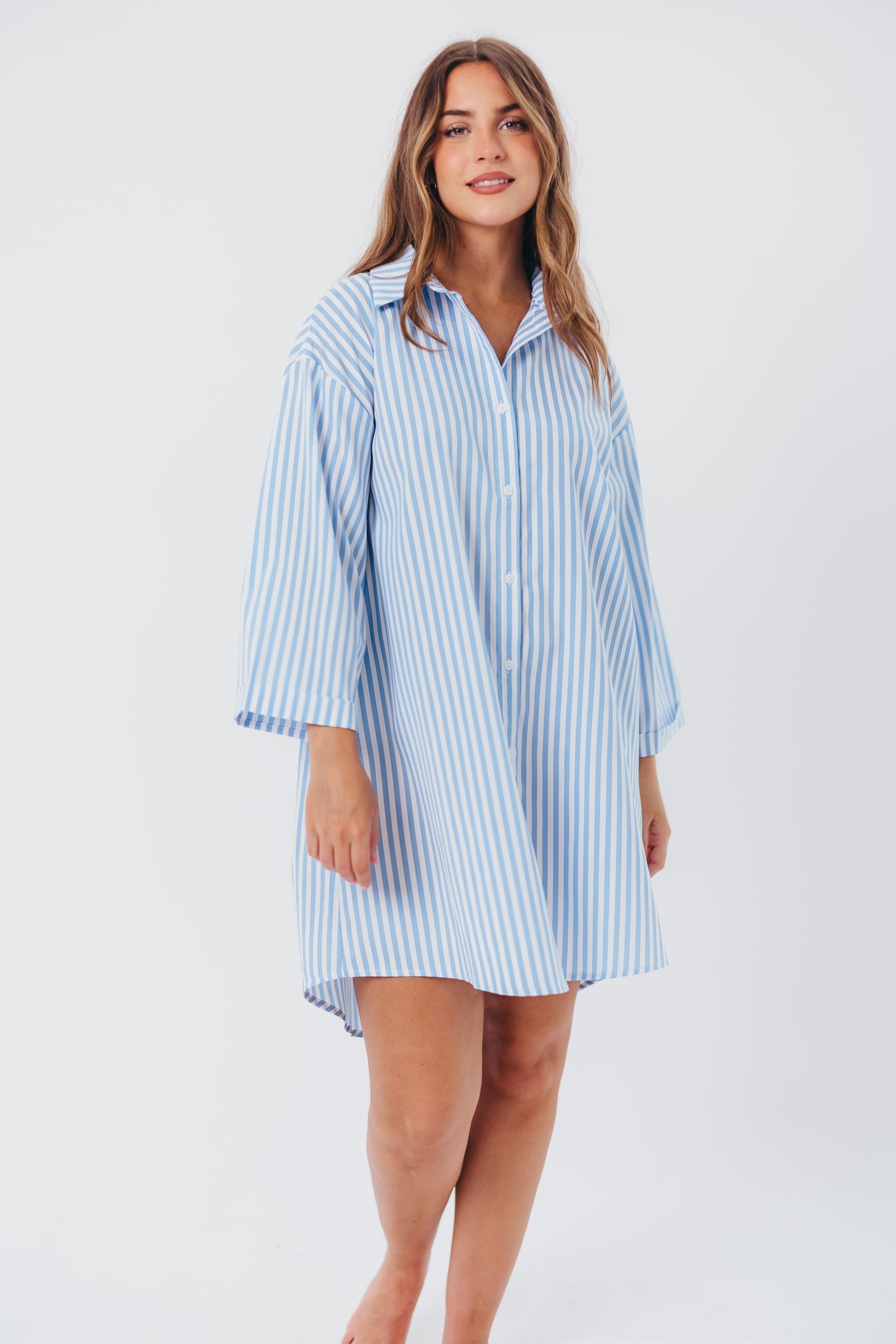 Bellamie Oversized Button-Up Shirt Dress in Sky Blue Stripe - Nursing Friendly