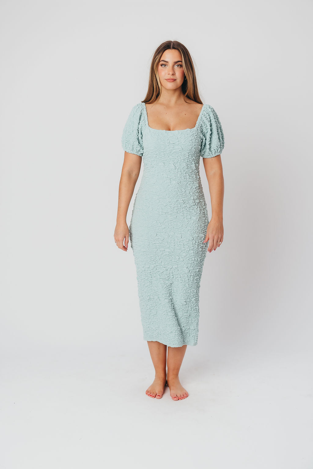 Blakeley Textured Midi Dress in Seafoam - Bump Friendly & Inclusive Sizing (S-1XL)