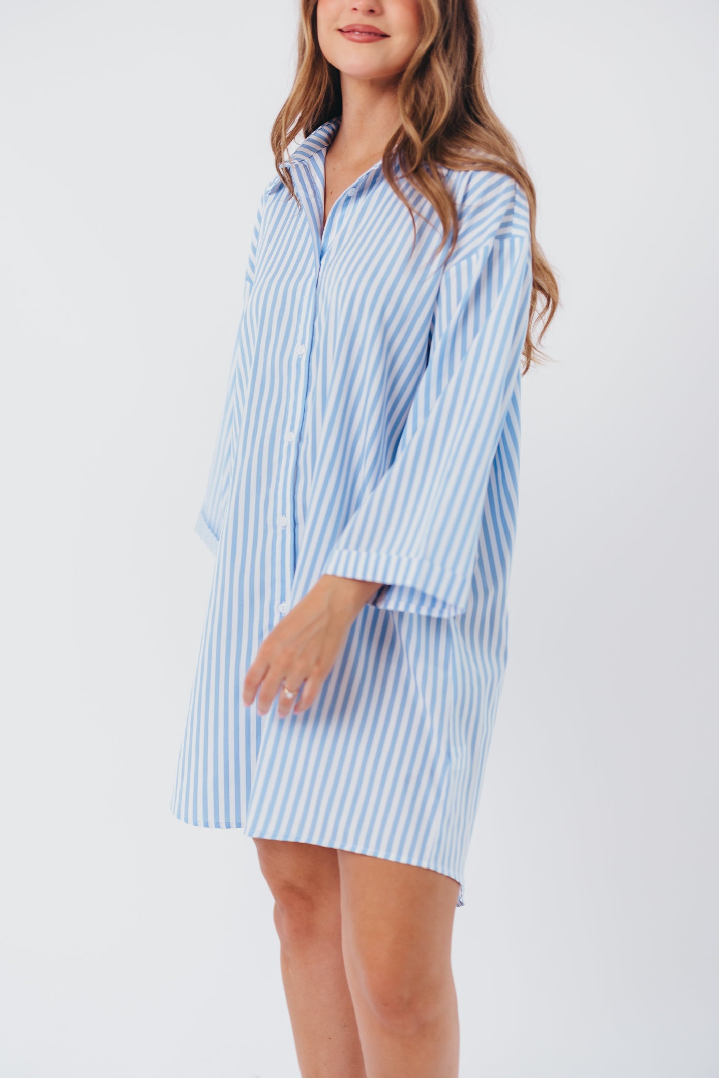 Bellamie Oversized Button-Up Shirt Dress in Sky Blue Stripe - Nursing Friendly