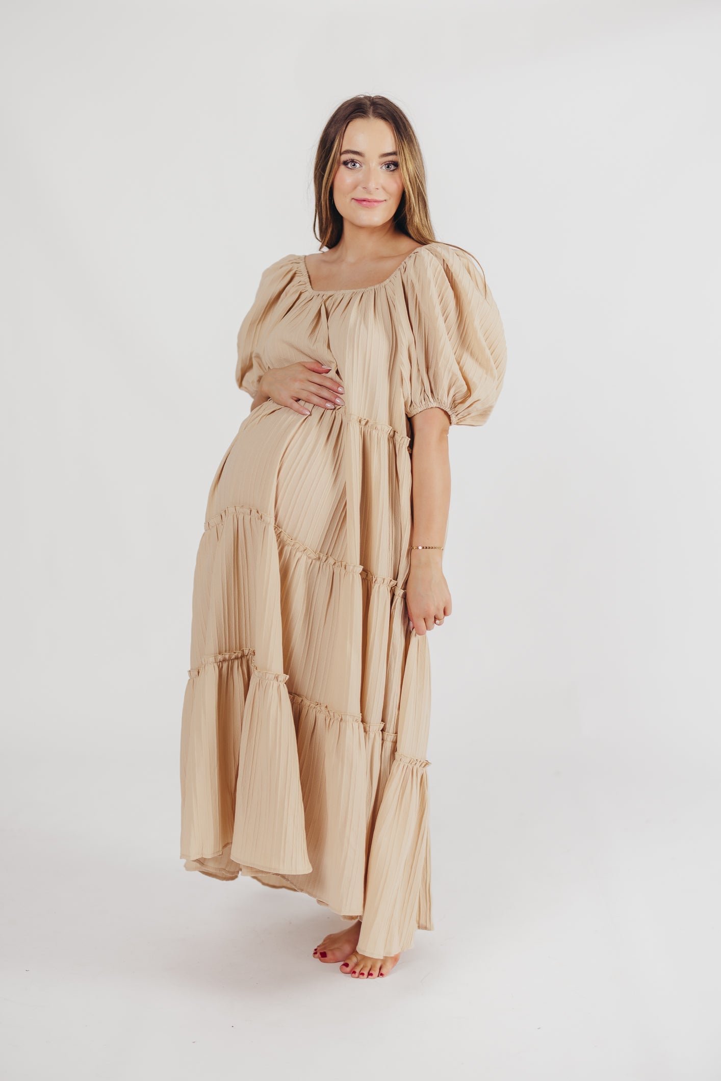 Eva Puffed Sleeve Max Dress in Taupe - Bump Friendly & Inclusive Sizing (S-3XL)