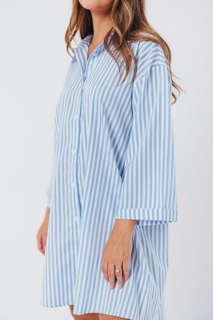 Bellamie Oversized Button-Up Shirt Dress in Sky Blue Stripe - Nursing Friendly