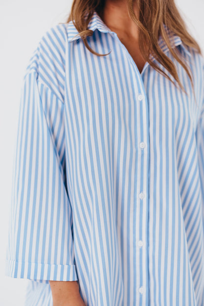 Bellamie Oversized Button-Up Shirt Dress in Sky Blue Stripe - Nursing Friendly