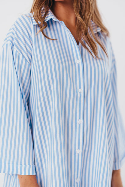 Bellamie Oversized Button-Up Shirt Dress in Sky Blue Stripe - Nursing Friendly