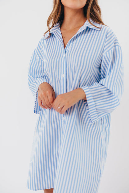 Bellamie Oversized Button-Up Shirt Dress in Sky Blue Stripe - Nursing Friendly