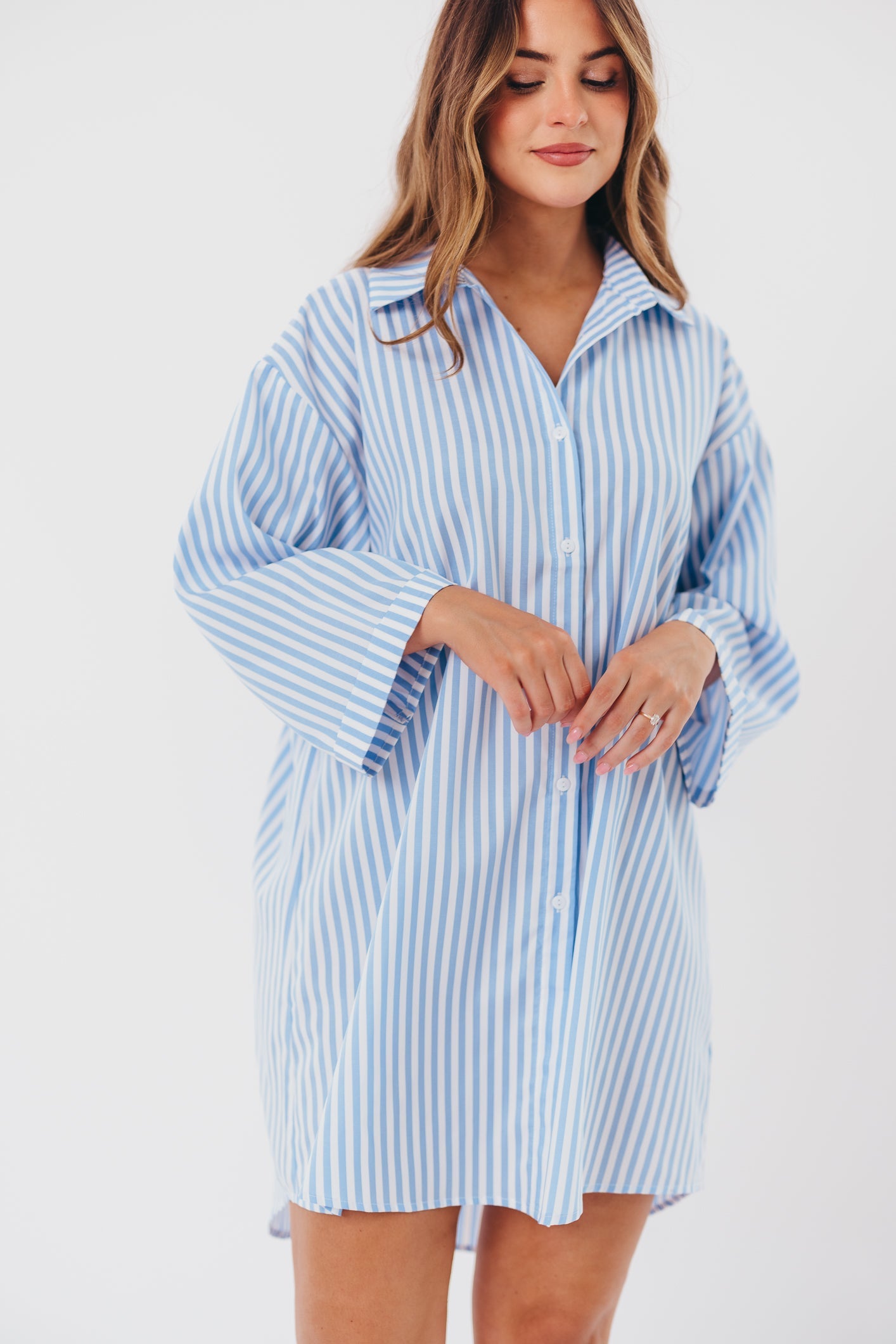 Bellamie Oversized Button-Up Shirt Dress in Sky Blue Stripe - Nursing Friendly