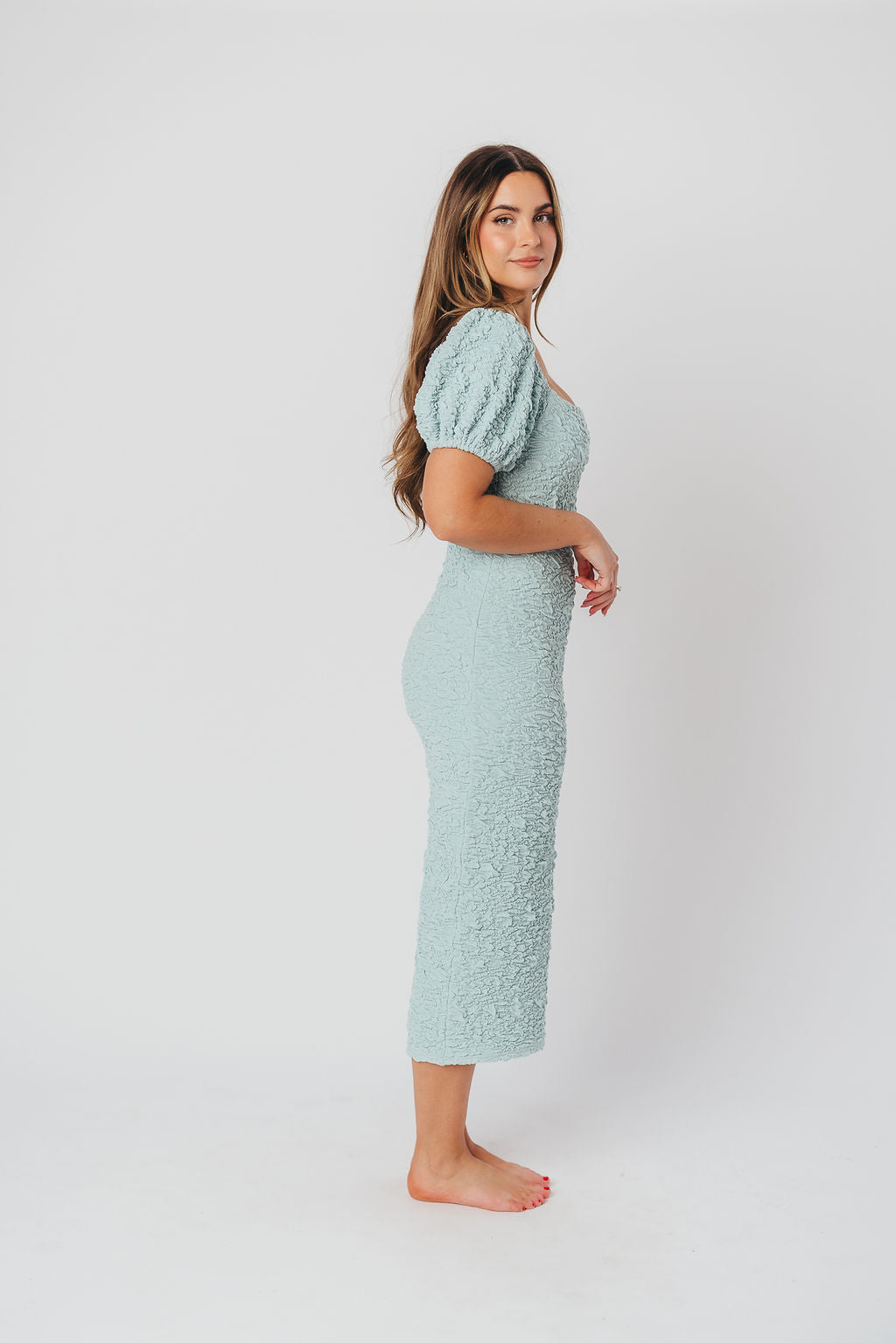 Blakeley Textured Midi Dress in Seafoam - Bump Friendly & Inclusive Sizing (S-1XL)