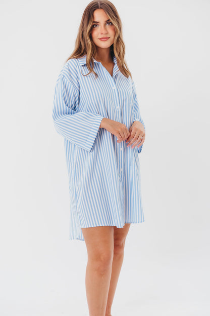 Bellamie Oversized Button-Up Shirt Dress in Sky Blue Stripe - Nursing Friendly