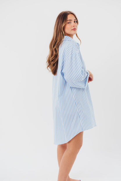 Bellamie Oversized Button-Up Shirt Dress in Sky Blue Stripe - Nursing Friendly