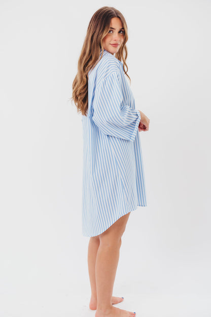 Bellamie Oversized Button-Up Shirt Dress in Sky Blue Stripe - Nursing Friendly