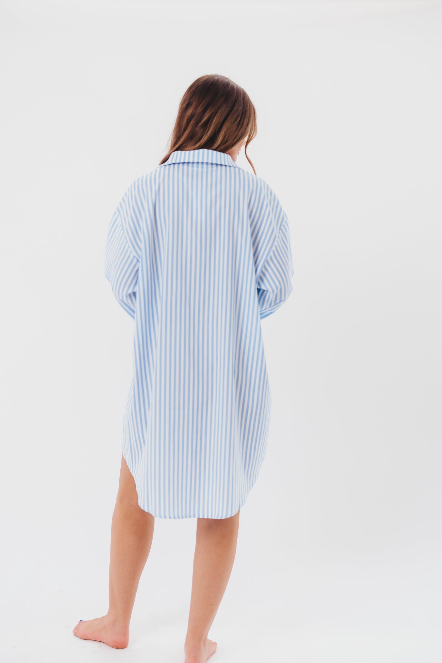 Bellamie Oversized Button-Up Shirt Dress in Sky Blue Stripe - Nursing Friendly