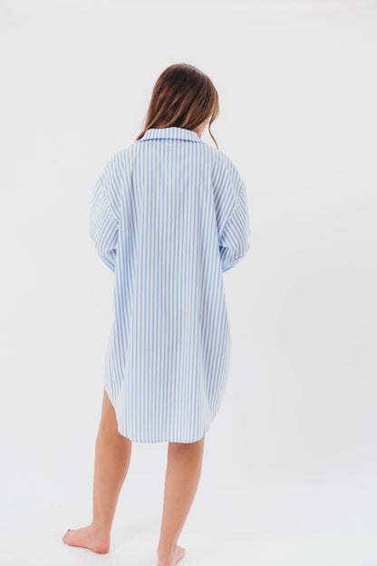 Bellamie Oversized Button-Up Shirt Dress in Sky Blue Stripe - Nursing Friendly