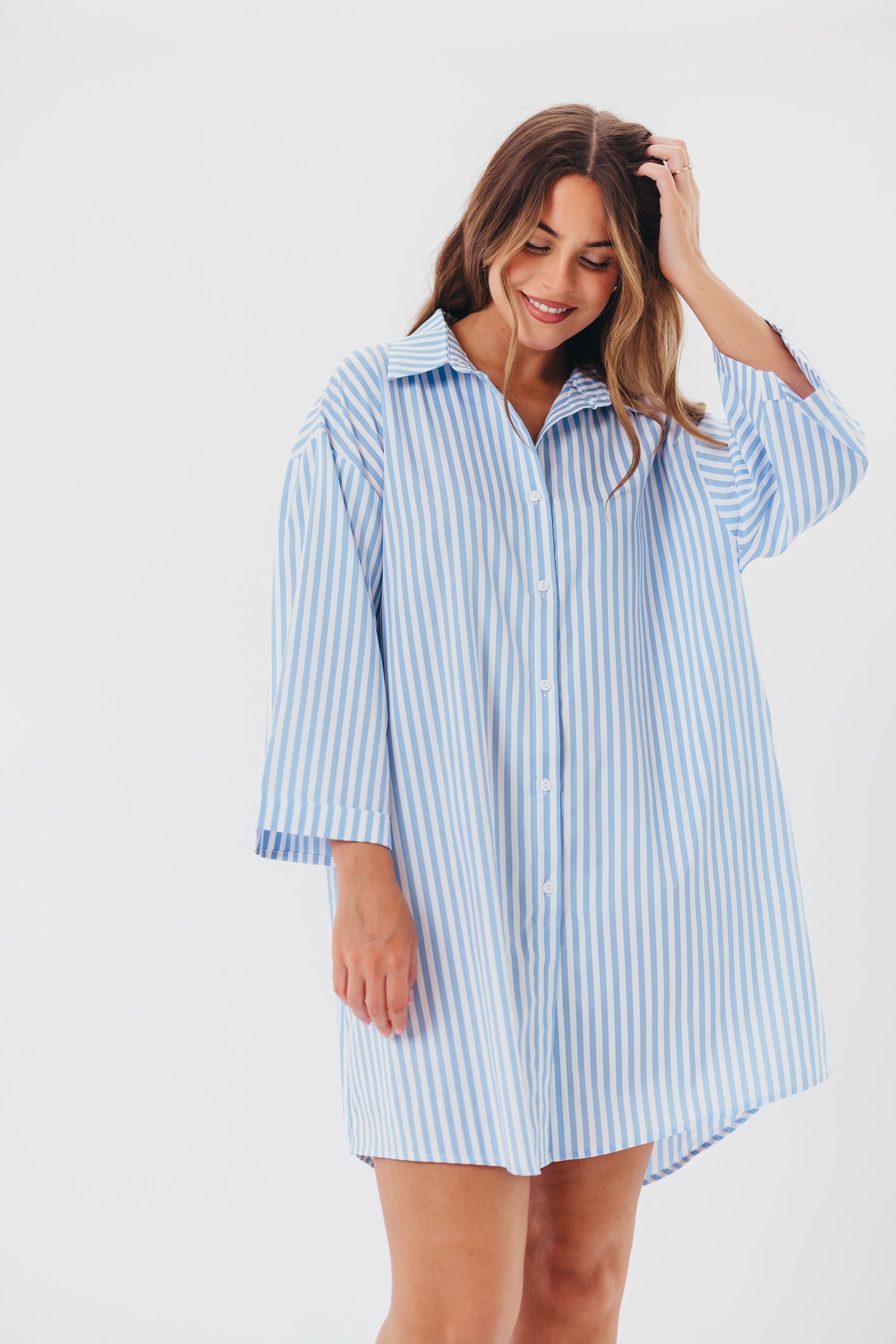 Bellamie Oversized Button-Up Shirt Dress in Sky Blue Stripe - Nursing Friendly