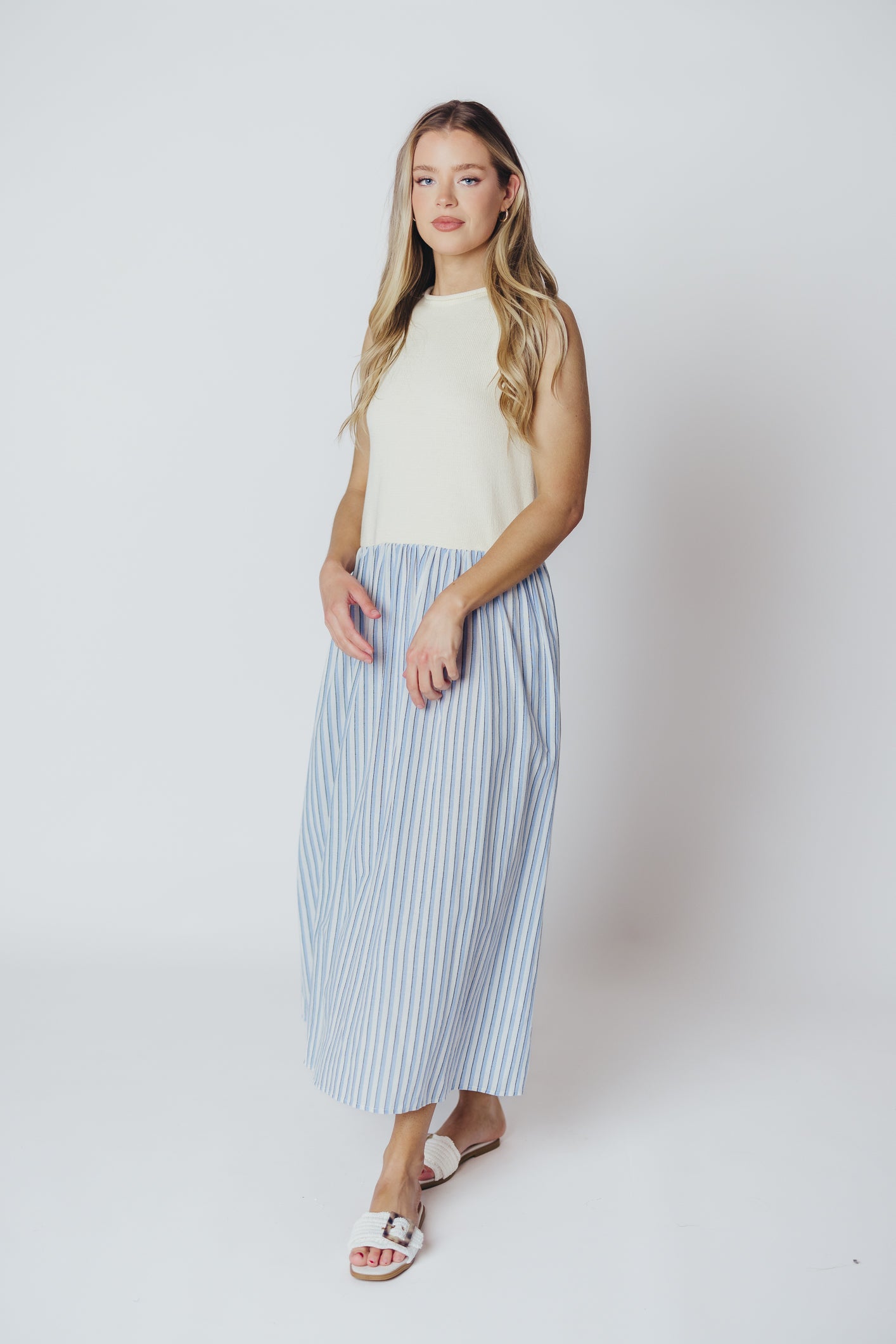 Hannah Combination Midi Dress in Ivory/Blue