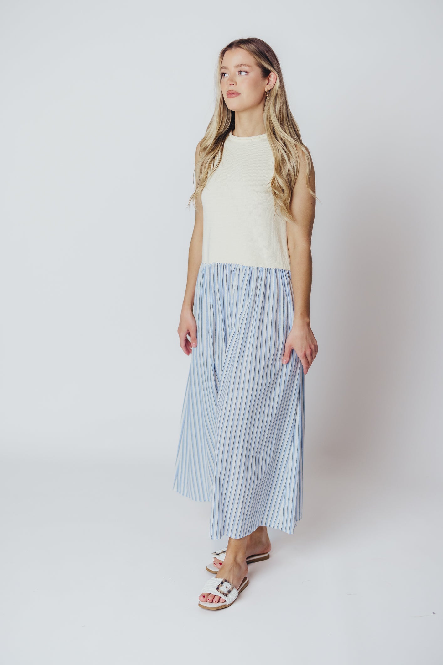 Hannah Combination Midi Dress in Ivory/Blue