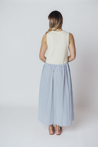 Hannah Combination Midi Dress in Ivory/Blue