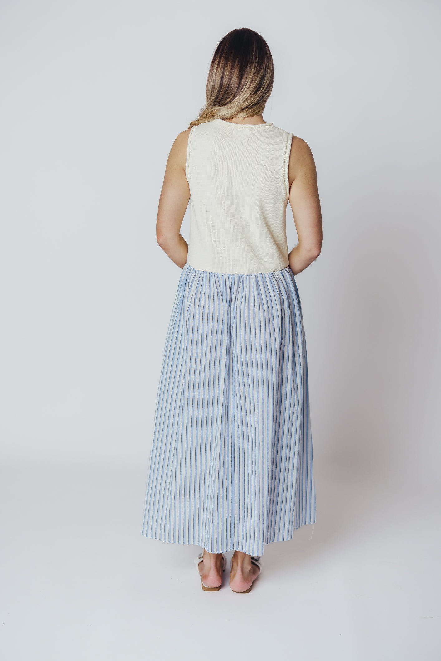 Hannah Combination Midi Dress in Ivory/Blue