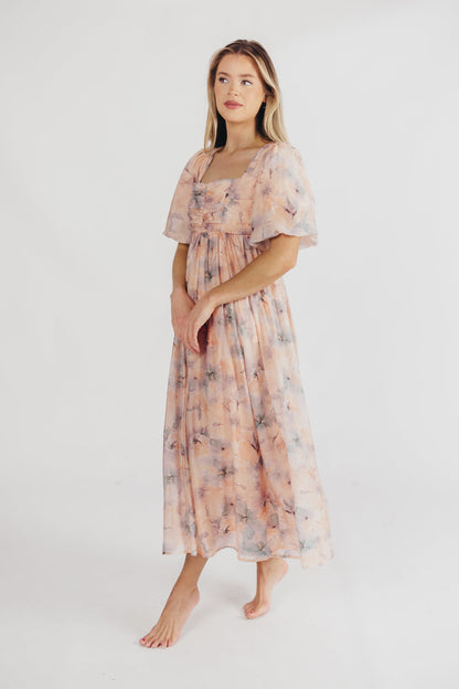 Eden Watercolor Midi Dress in Apricot/Blue Floral