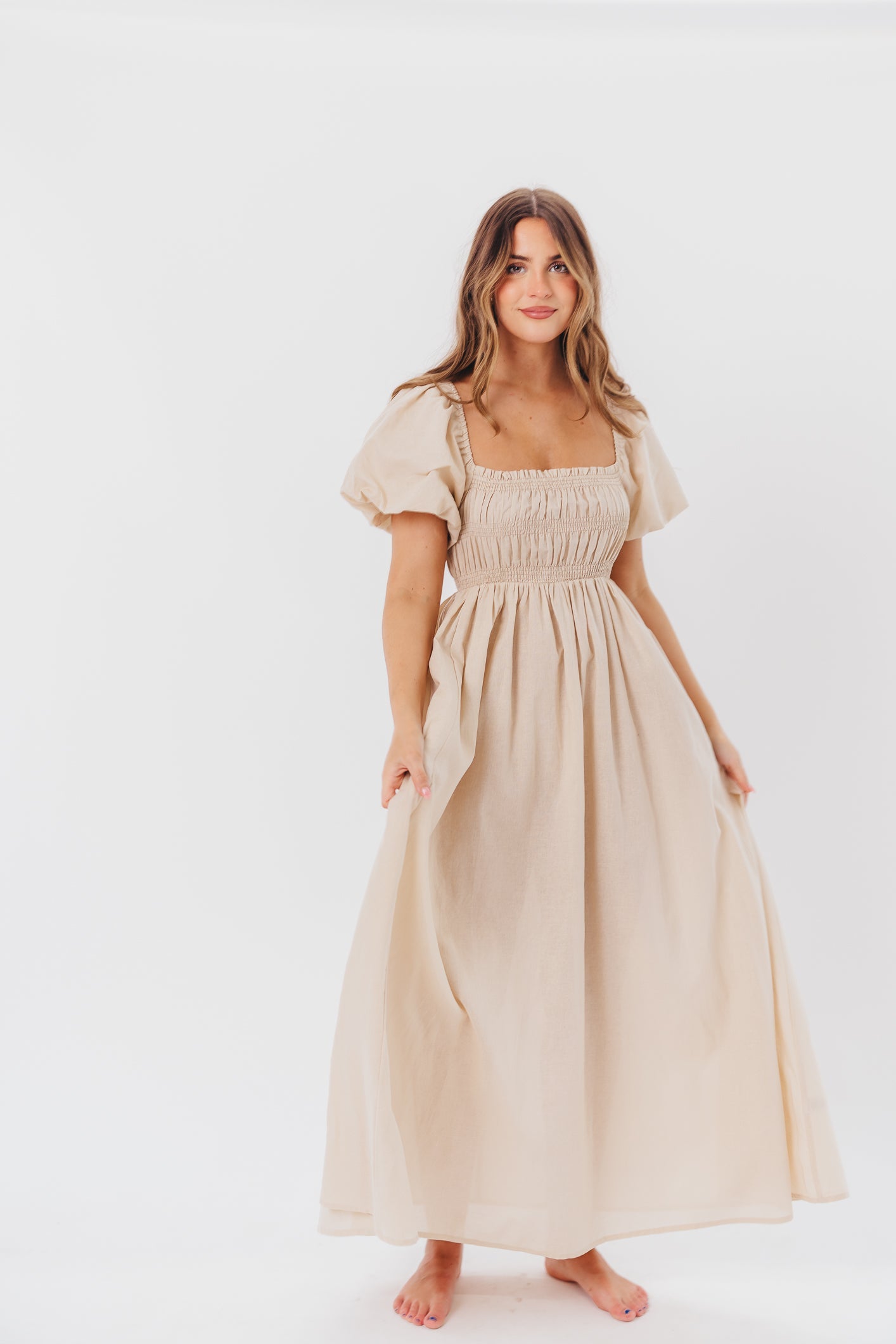 Nan Smocked Maxi Dress with Puffed Sleeves in Light Taupe