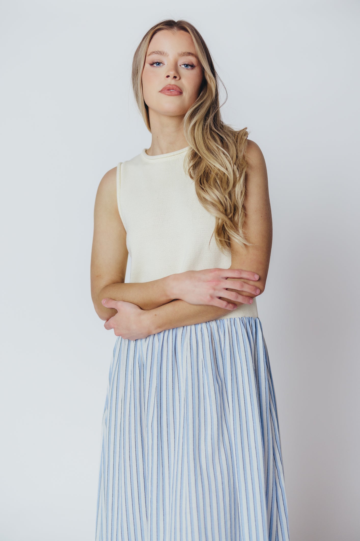 Hannah Combination Midi Dress in Ivory/Blue