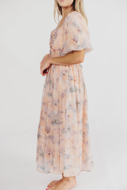 Eden Watercolor Midi Dress in Apricot/Blue Floral