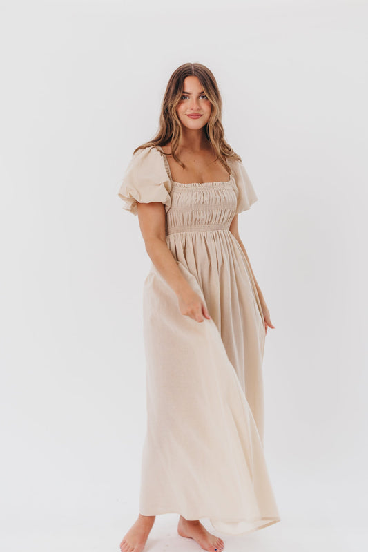 Nan Smocked Maxi Dress with Puffed Sleeves in Light Taupe