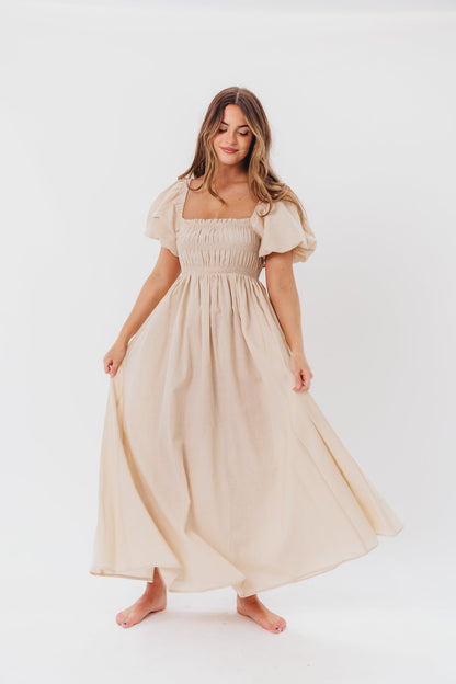 Nan Smocked Maxi Dress with Puffed Sleeves in Light Taupe