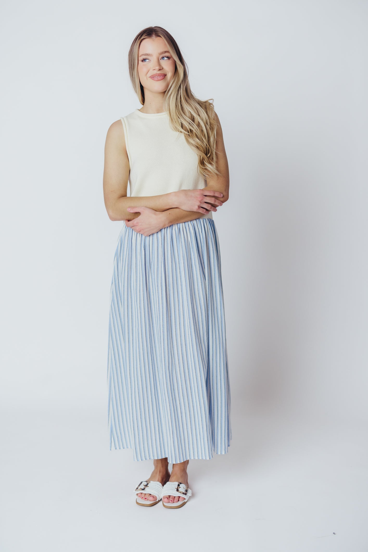 Hannah Combination Midi Dress in Ivory/Blue