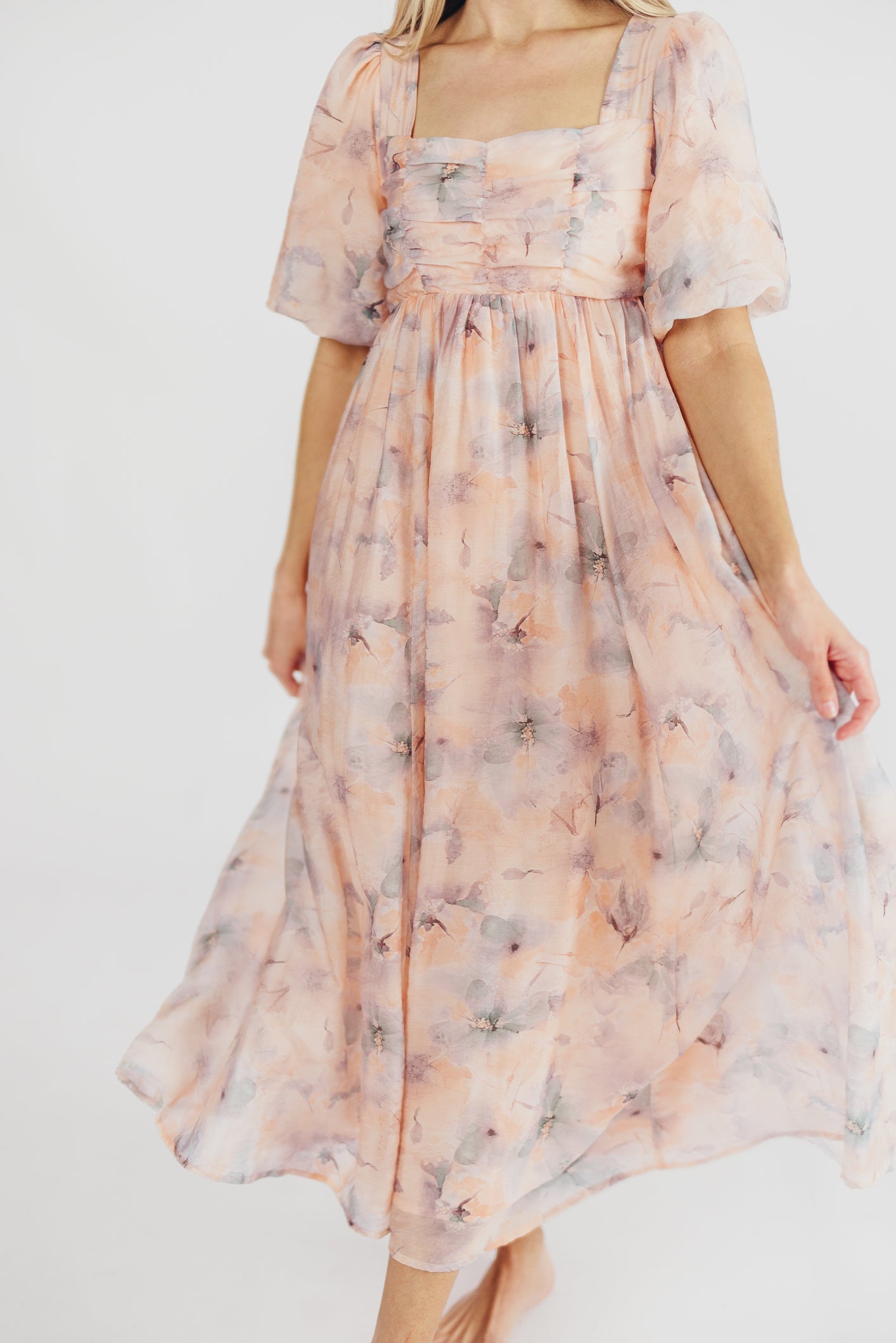 Eden Watercolor Midi Dress in Apricot/Blue Floral