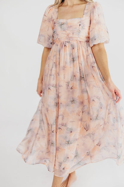 Eden Watercolor Midi Dress in Apricot/Blue Floral