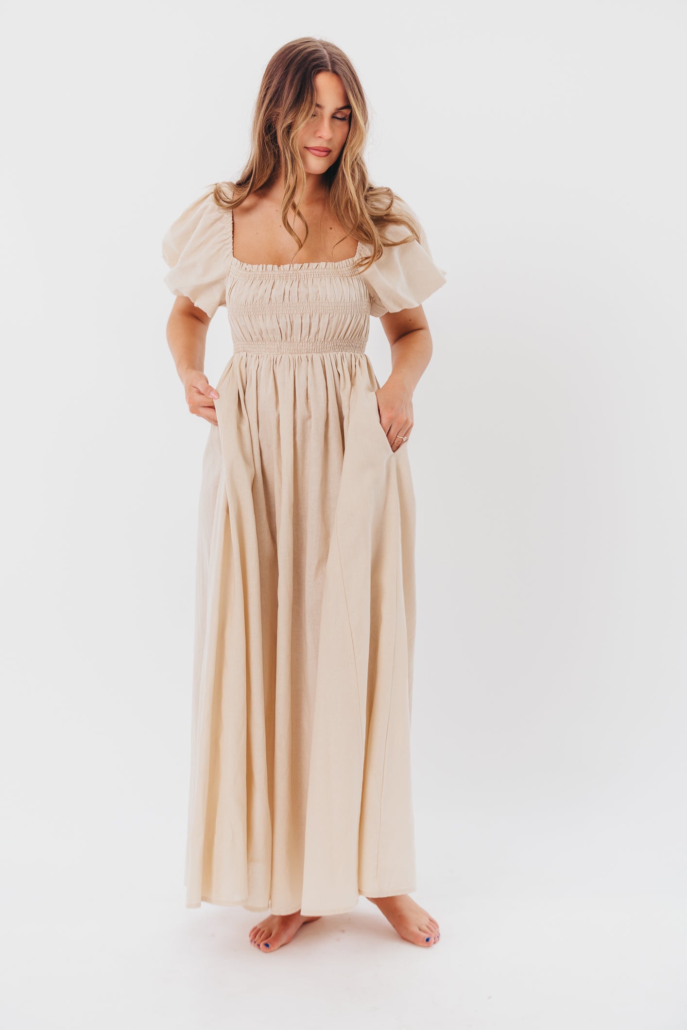 Nan Smocked Maxi Dress with Puffed Sleeves in Light Taupe