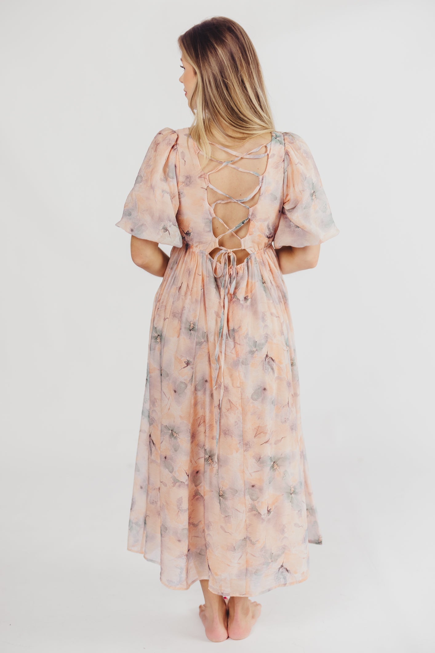 Eden Watercolor Midi Dress in Apricot/Blue Floral