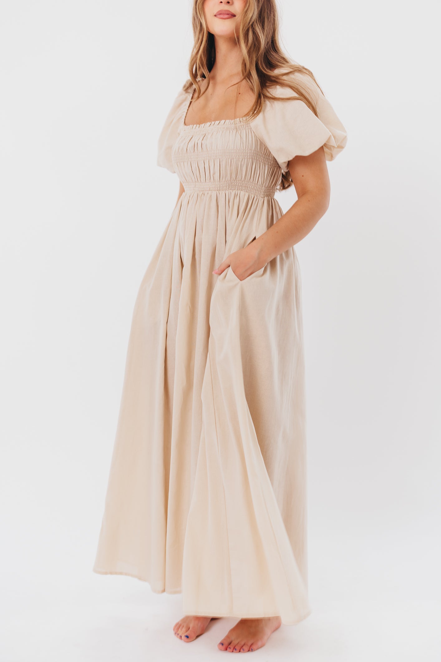 Nan Smocked Maxi Dress with Puffed Sleeves in Light Taupe