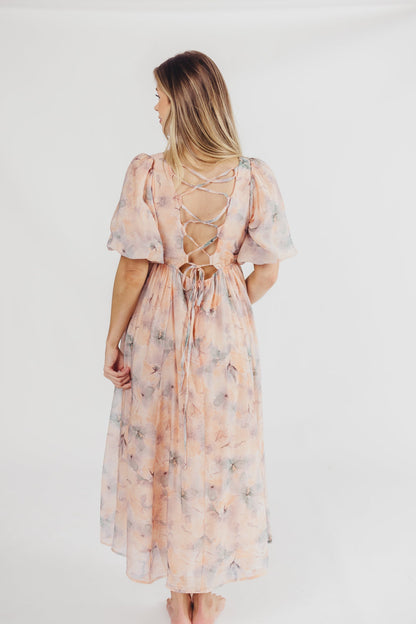 Eden Watercolor Midi Dress in Apricot/Blue Floral