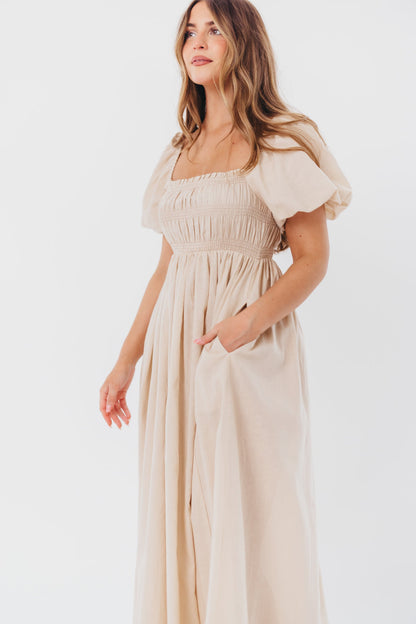 Nan Smocked Maxi Dress with Puffed Sleeves in Light Taupe