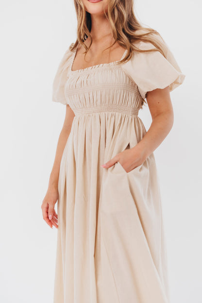 Nan Smocked Maxi Dress with Puffed Sleeves in Light Taupe