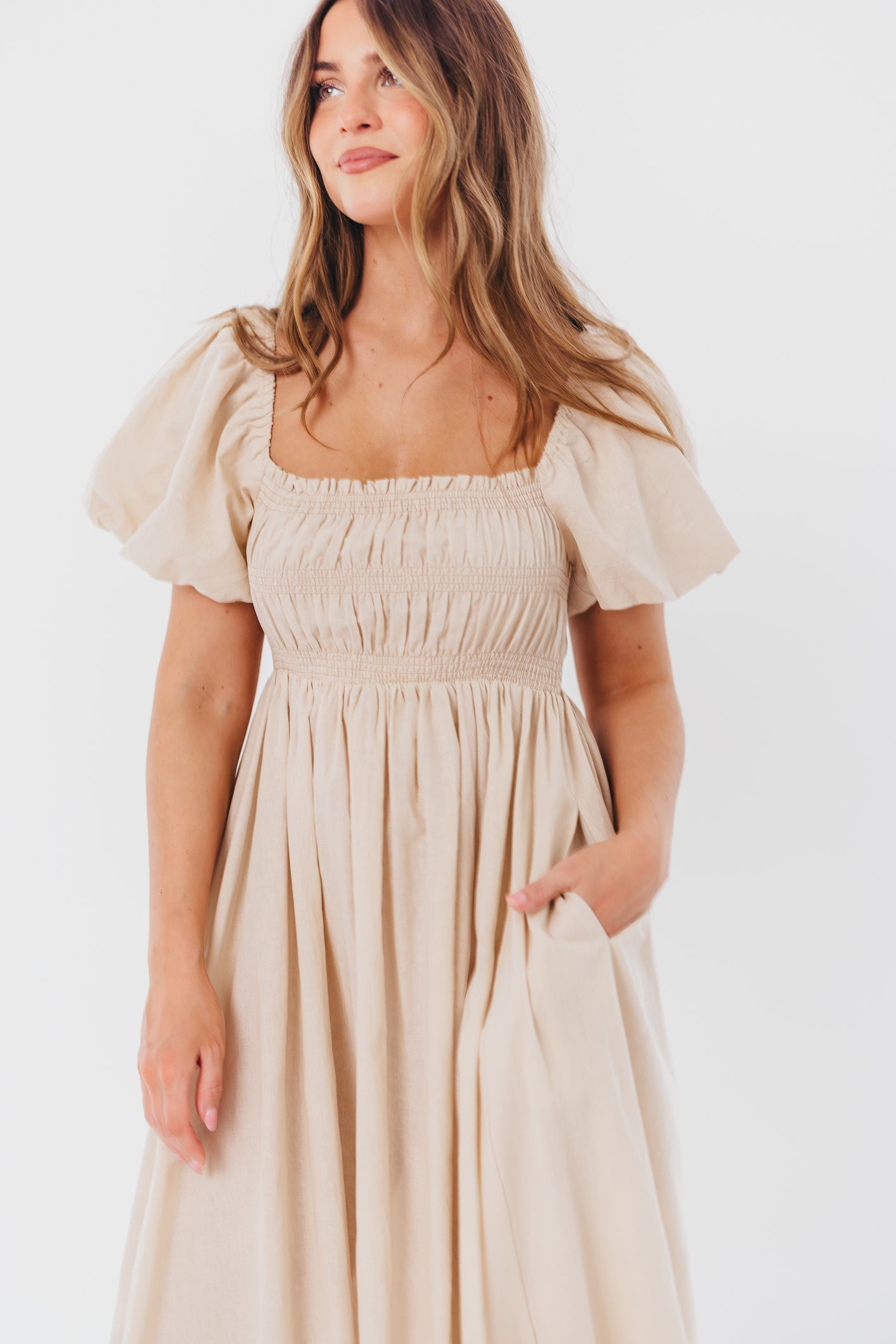 Nan Smocked Maxi Dress with Puffed Sleeves in Light Taupe