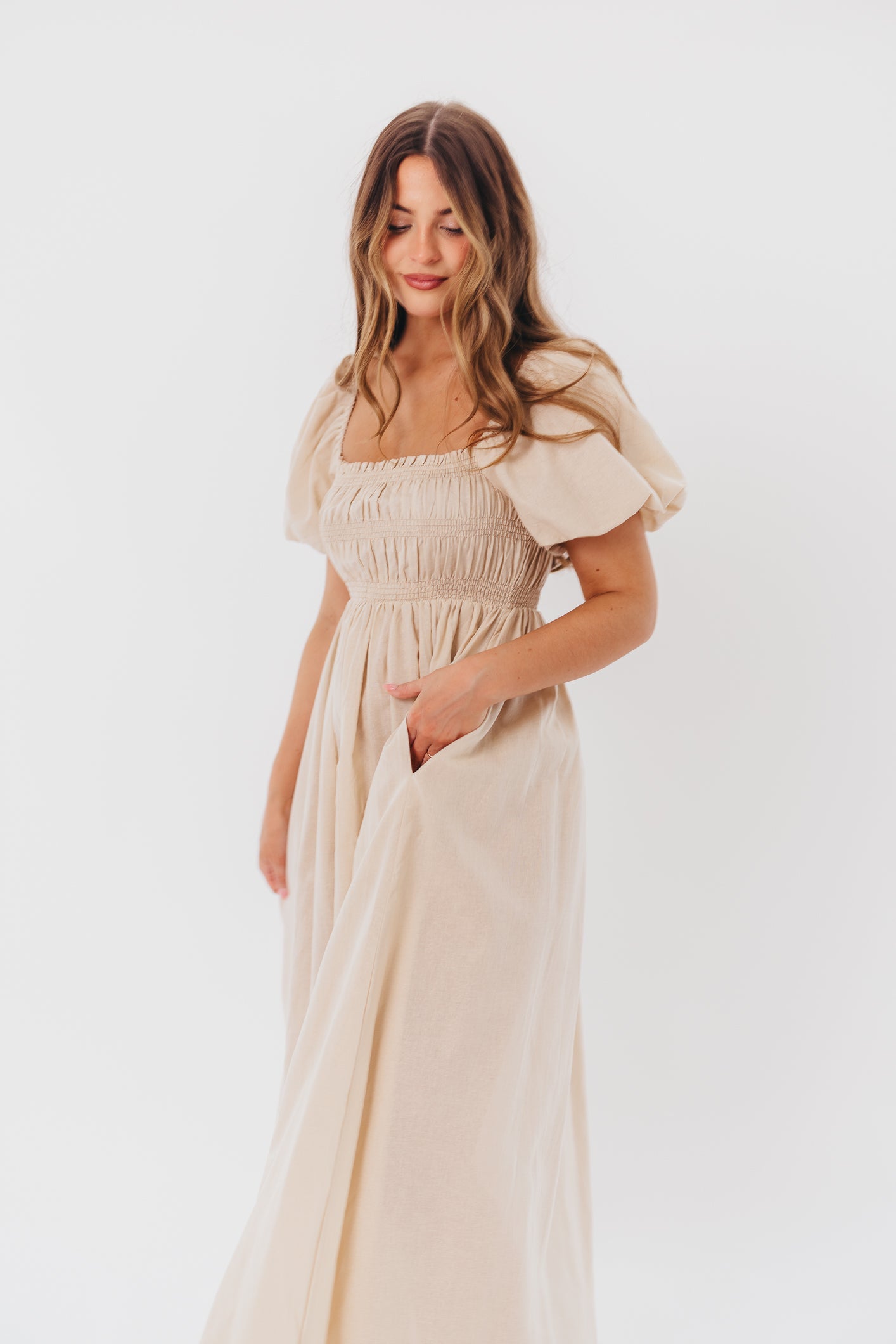 Nan Smocked Maxi Dress with Puffed Sleeves in Light Taupe