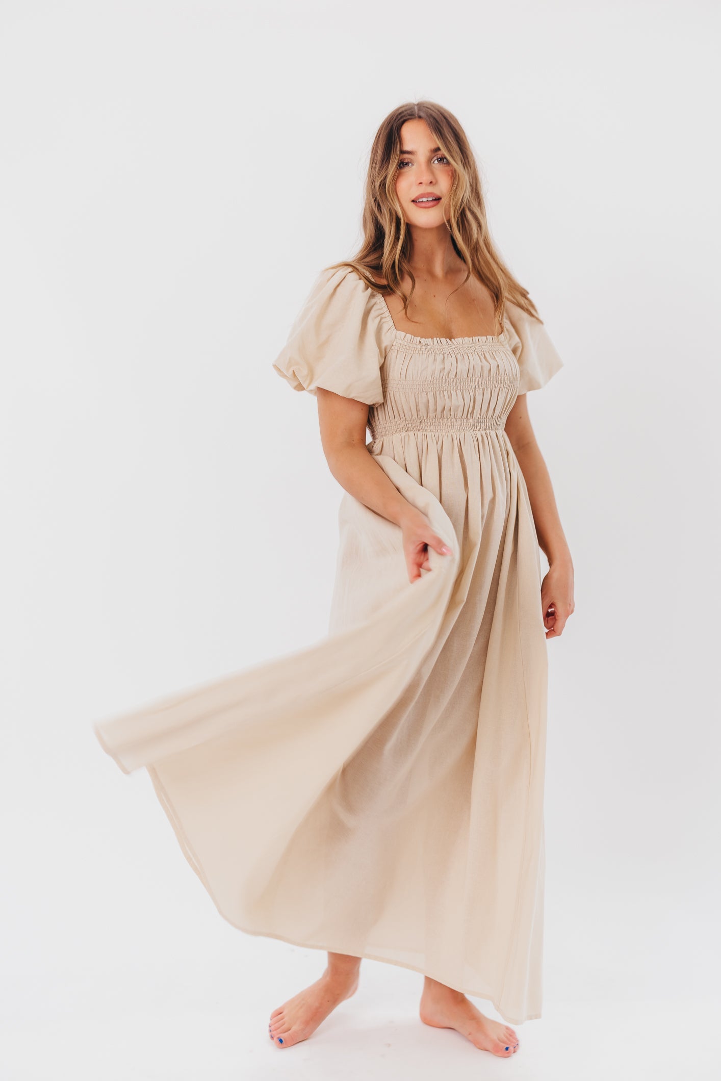 Nan Smocked Maxi Dress with Puffed Sleeves in Light Taupe